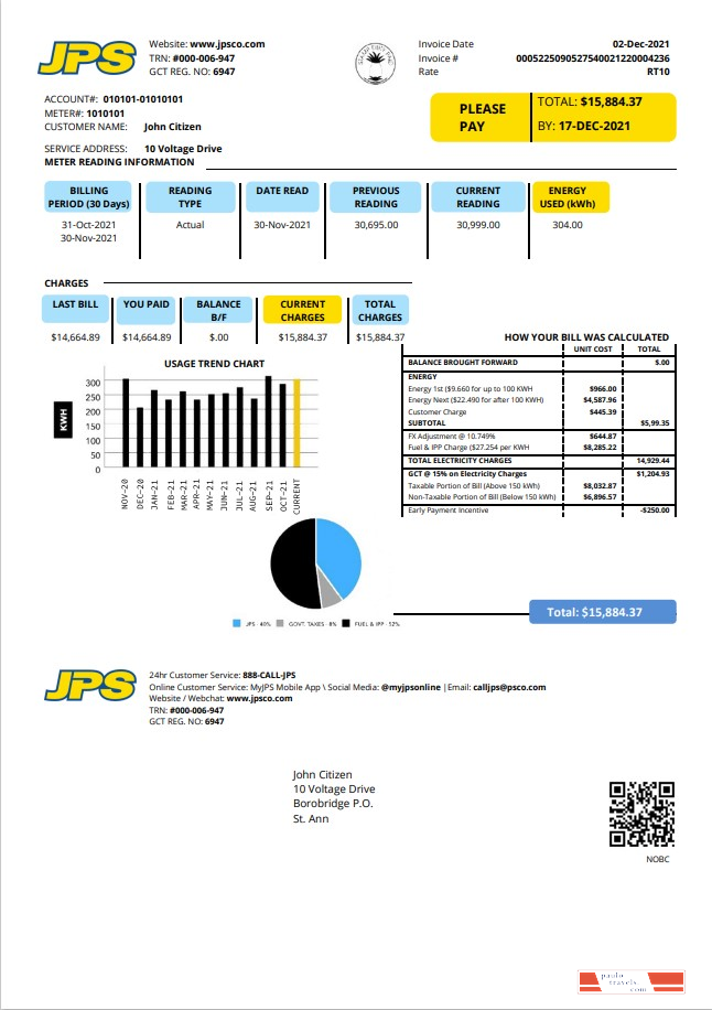 Jamaica Public Service Company Limited (JPS) electricity utility bill template in Word and PDF format